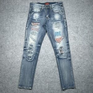 Bleecker & Mercer Denim Jeans Mens Size 29x30 Distressed Embroidered Slim Skinny